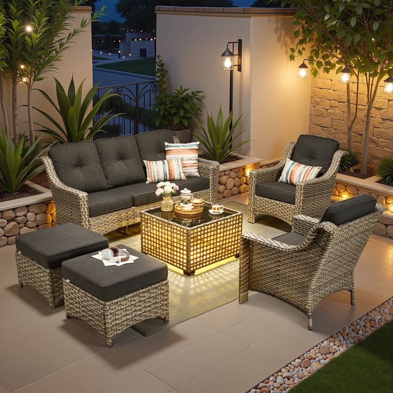 6 Piece Patio Furniture Conversation Sets With Solar Light Table,outdoor Wicker Furniture With Ottoman, All Weather Resistant Outside High Back Rattan Patio Set