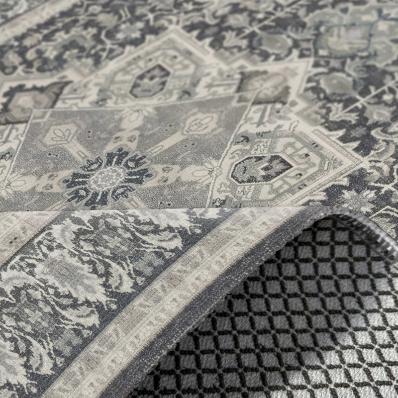 Tapis couloir antidérapant en chenille crème gris fumée, Rectangle 6'7" x 4'