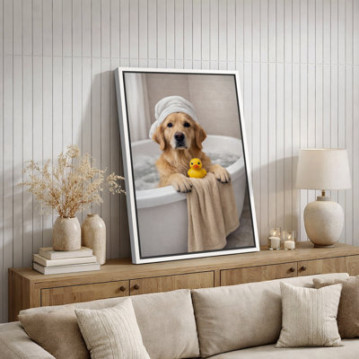 Mignon Golden Retriever Bath Time Duck, impression sur toile, impression sur toile encadrée