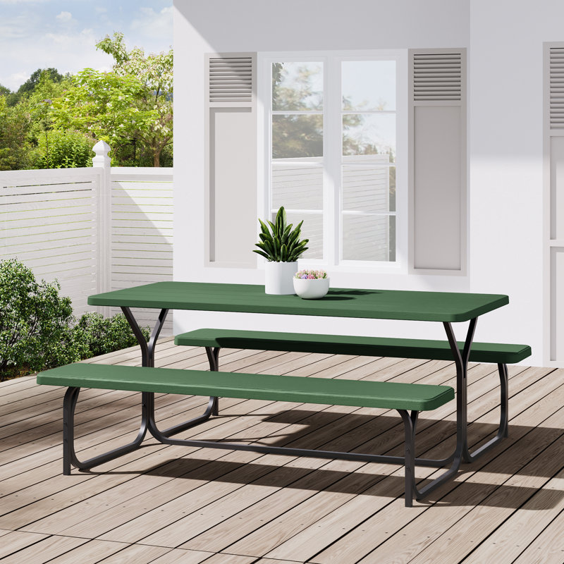 6/8-Person Long Wood-grain Picnic Table Set Outdoor Dining Set, Green, 29" H x 71" L x 29" W