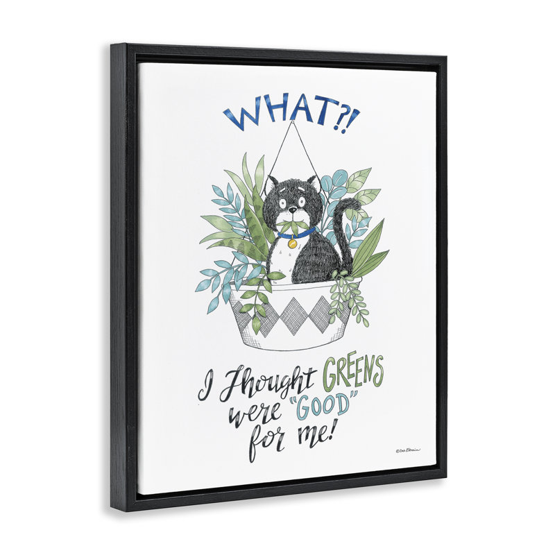 Drôle de chat mangeant une plante sur toile flottante par Deb Strain, Cadre flottant noir de jais, H 21 po x l 17 po