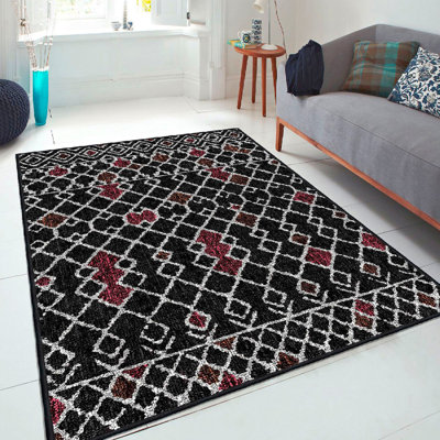 Premium Cotton Area Rug, 47.2 x 70.9 inches | 100% Cotton, 1.3 lbs/sq ft, Pile Height: 0.4 inches | Antibacterial, Non-Slip PVC Underside, Machine Washable | Elegant White, Red & Black Design for Home Décor