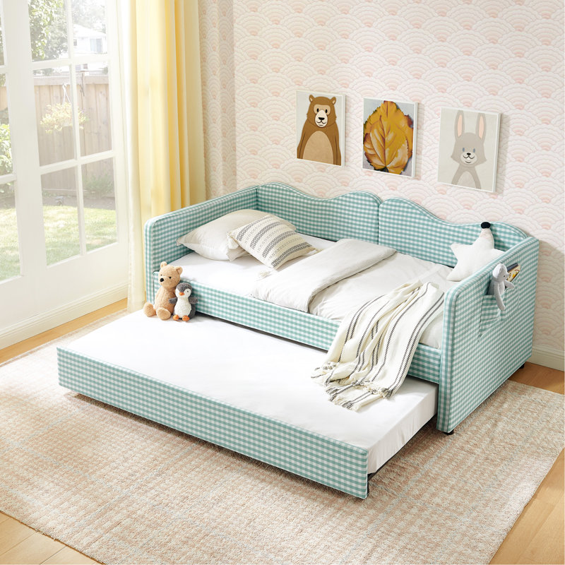 Lit de jour simple, lit de jour rembourré en vichy équipé d'un cadre de lit gigogne escamotable et d'une poche de rangement latérale, canapé-lit multifonctionnel en bois massif pour chambre d'enfant et chambre d'invités - Cyan