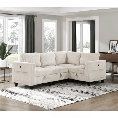 4-Piece Modular Sectional With Storage Seats, Side Pockets, Charging Ports Dark Gray Corduroy Fabric Modern Living Room Sectional Couch Solid Wood Fur
