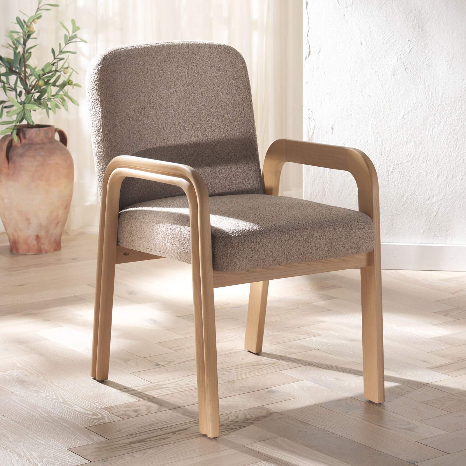 Elara Boucle Dining Armchair, Light Brown, Natural