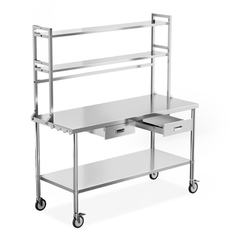 60 po x 24 po Table de préparation en acier inoxydable avec 4 roulettes et tablette