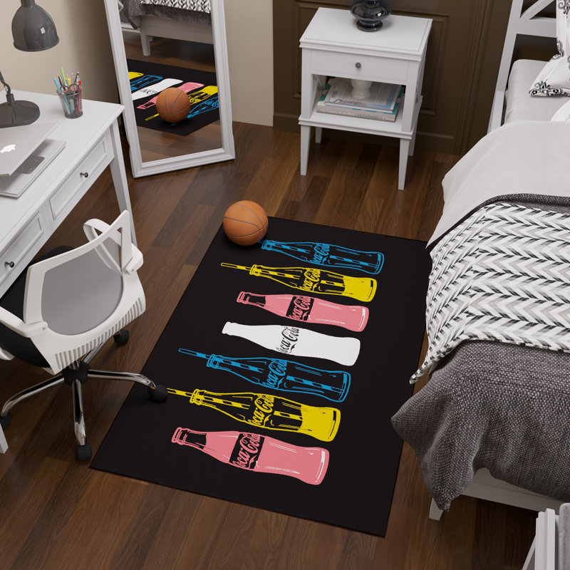 Coke Man Cave Bedroom Kitchen Coca-Cola Multi Bottles Non-Slip Area Rug, Multi/Black, Rectangle 3'3" x 5'