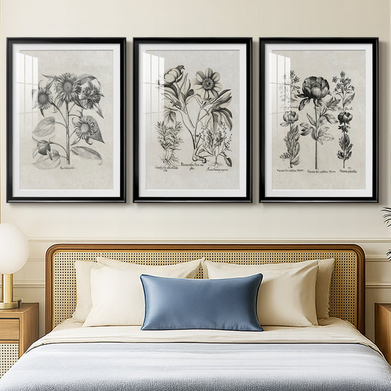 Motif floral rétro vintage avec motif encadré personnalisé - 3 pièces, H 19 po x l 27 po, Noir