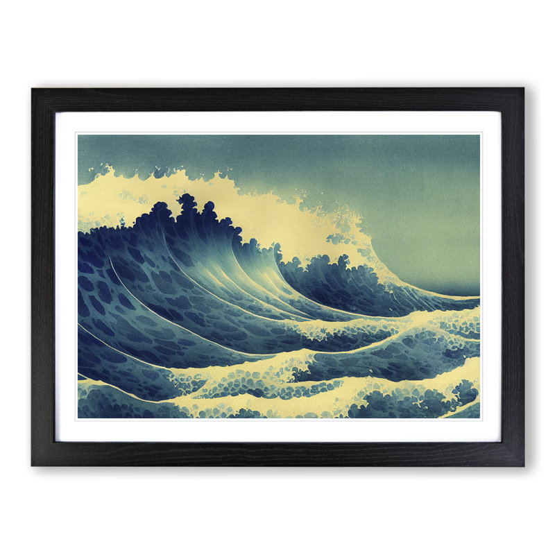 Watercolour Japanese Wave - Single Picture Frame Print, Black, 46cm H x 64cm W x 2cm D