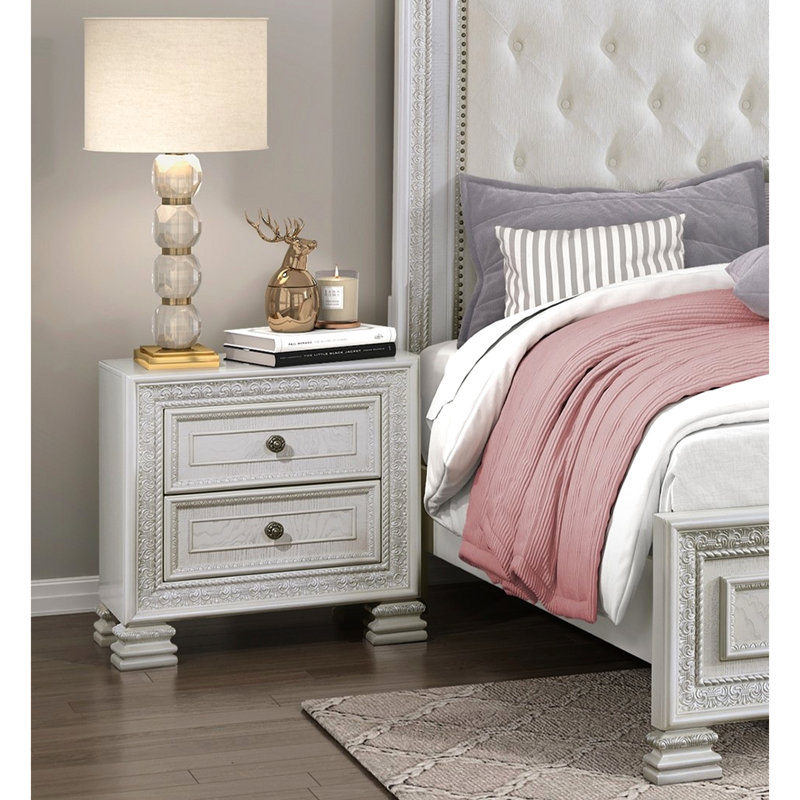 Table de chevet de chambre à coucher en blanc perle avec fond de tiroir en placage antique et 2 tiroirs