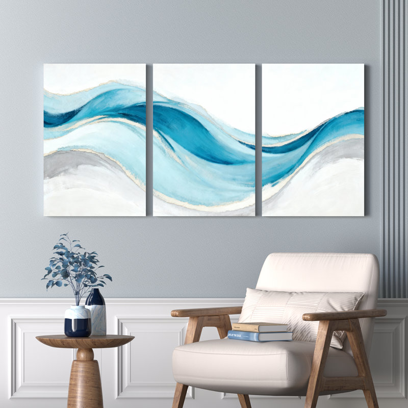 Ensemble de 3 tableaux abstraits à motif de vagues bleues, H 36 po x l 72 po
