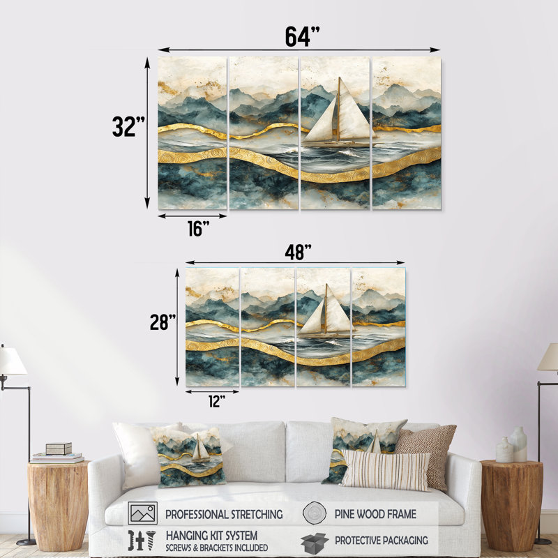 Voilier doré sur l'océan émeraude I - Art mural bateau - Art mural moderne, décoration murale, H 28 po x l 48 po