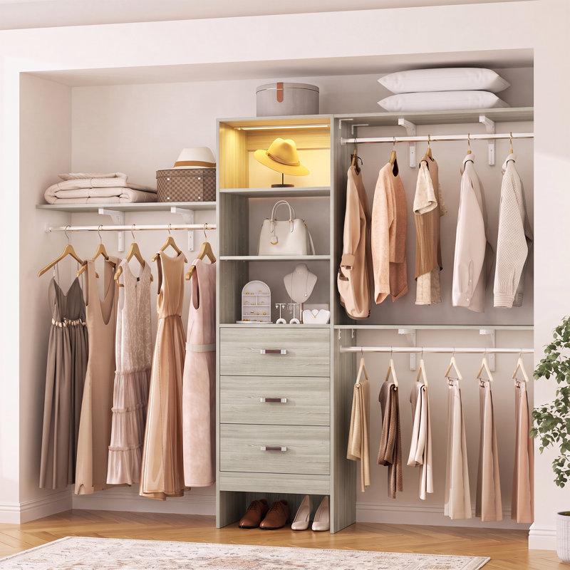 Système d'organisation de 20 à 96 po avec tiroirs en bois et DEL (coupé sur mesure), White Oak