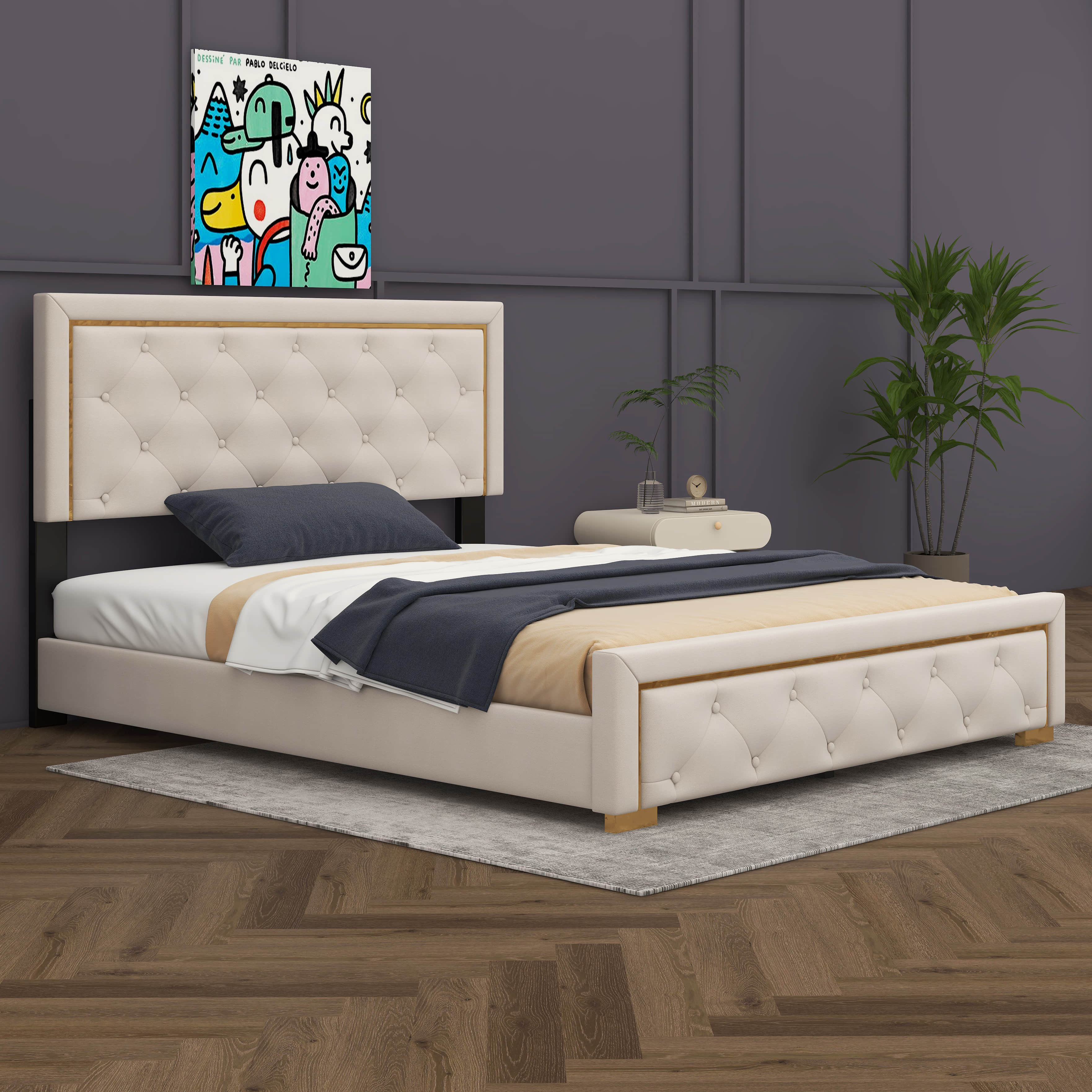 Mercer41 Queen Size Upholstered Platform Bed With Pull Point Headboard