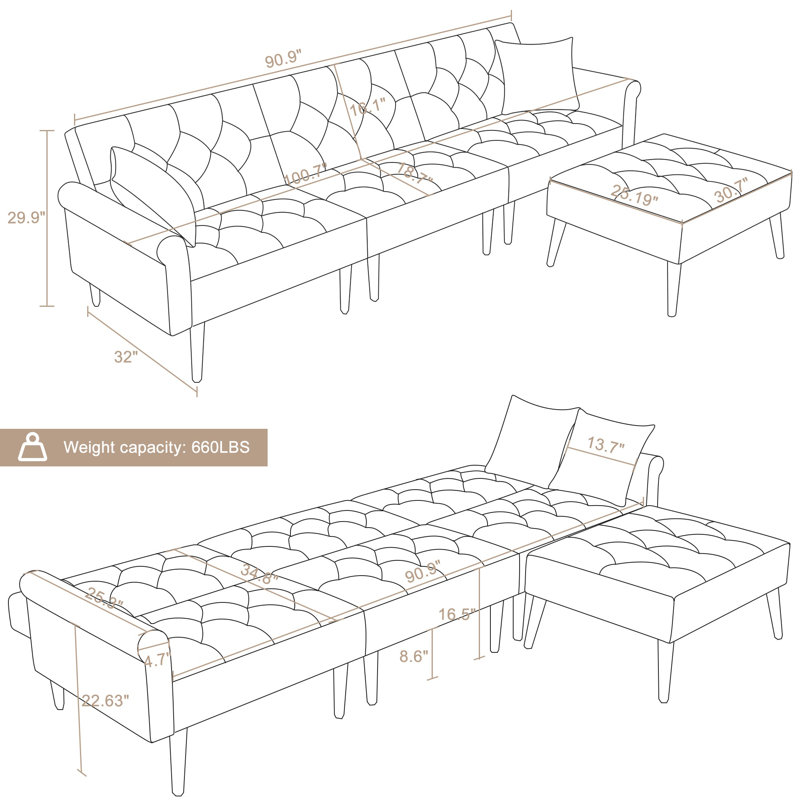 Giancontieri  Velvet Sofa Couch and Ottoman - Mid-Century Futon Sofa Bed with Sleeper, Beige