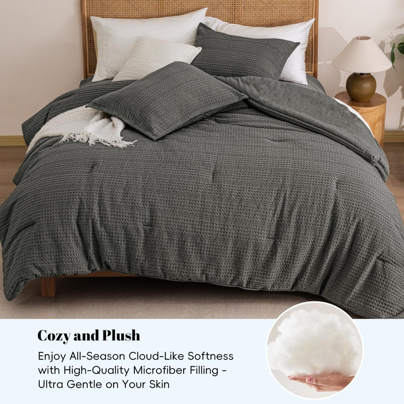PHF Soft Waffle Comforter Set, Comfy Breathable Lightweight Textured Waffle Weave Comforter Bedding Set, Grey