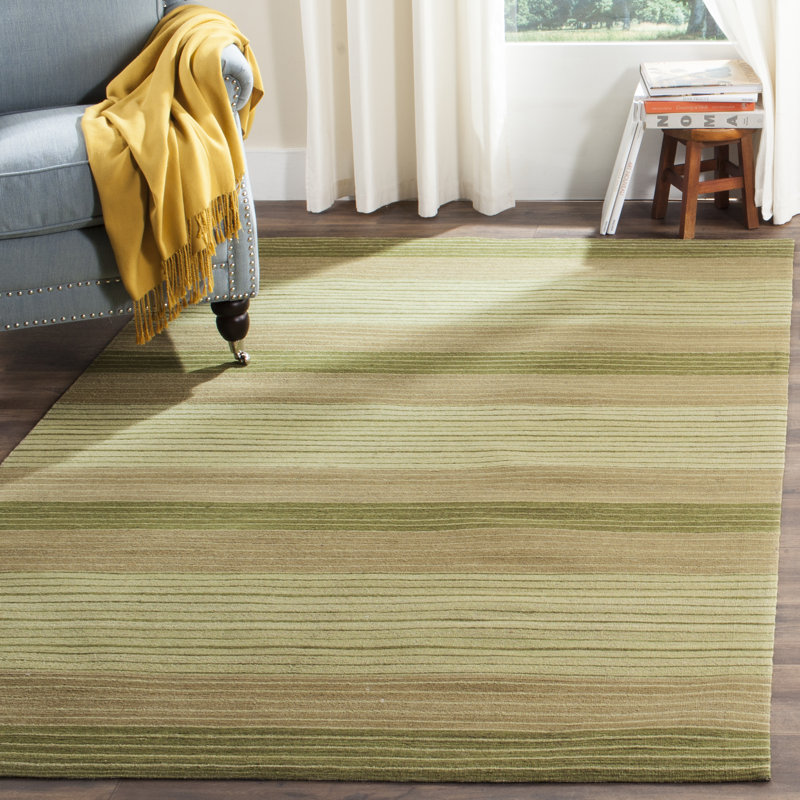 Tapis rayé vert en laine et coton tissé à la main Cruz, Rectangle 4 pi x 6 pi