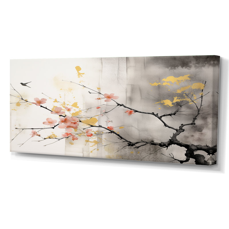 Art asiatique Sumi Blossom I - art mural asiatique, H 28 po x l 60 po x P 1,5 po, Toile tendue