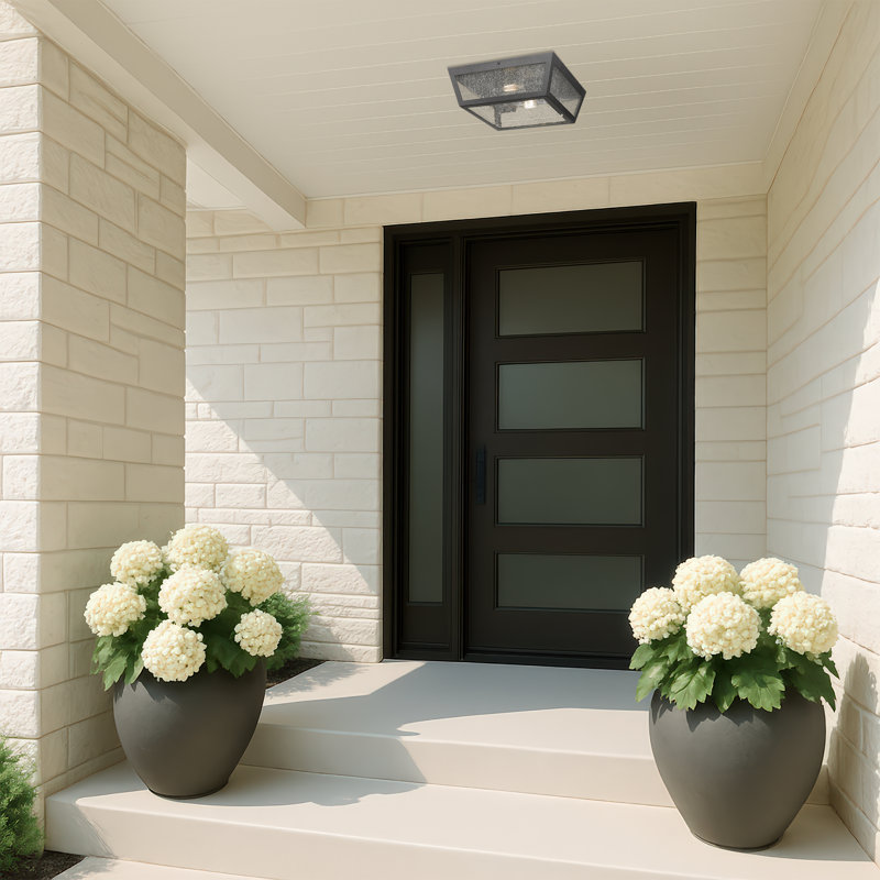 Madison 12" 2-Light Matte Black  Coastal Outdoor Flush Mount With Seeded Glass Shade, Seeded Glass, Matte Black