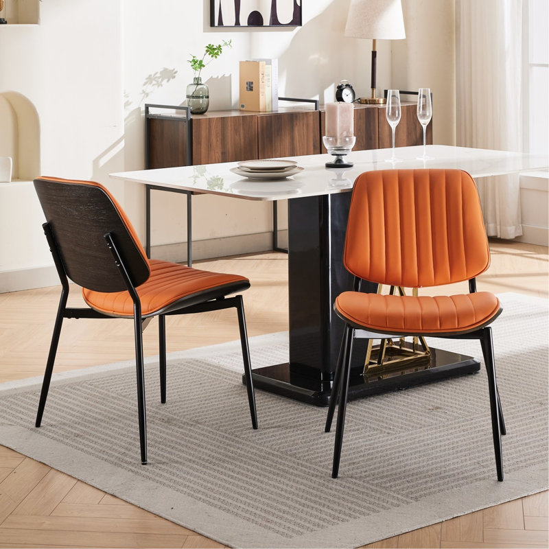 2 Mid Century Dining Chairs In Orange, Pu Leather Covering, Walnut Back, Metal Legs, Ergonomic & Waterproof For Room Of Chairs, Orange Fabric, Home Area