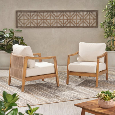 Fauteuil club d'extérieur, structure en bois d'acacia avec dossier en corde, coussins bruns hydrofuges pour patio / cour arrière / terrasse