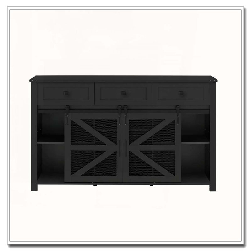Sliding Barn Door Sideboard With 3 Drawers, Particle Board & Metal Mesh Storage Cabinet With Aluminum Handles & Metal Accents For Living Room, Dining Room
