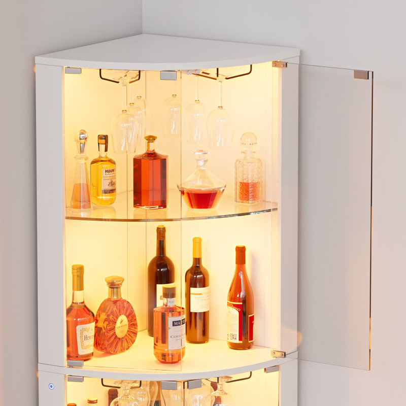 Vitrine d'angle avec portes en verre et lumières à DEL, porte-bouteilles de 62,6 po avec porte-verres, présentoir pour objets de collection