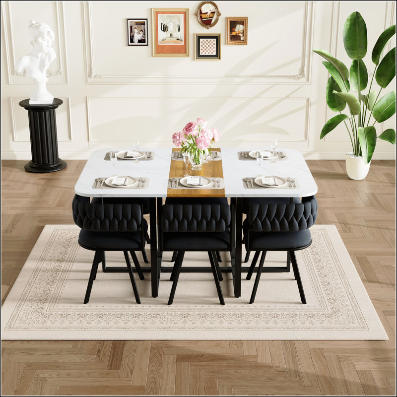 Ensemble de table de salle à manger 7 pièces rectangulaire avec plateau fixe en faux marbre blanc et grain de bois et 6 chaises en velours noir pour les petits espaces et les cuisines modernes