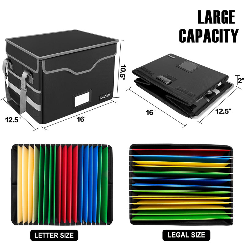 Black Fireproof Document Storage Box with Lock and Pockets, 2 Pack