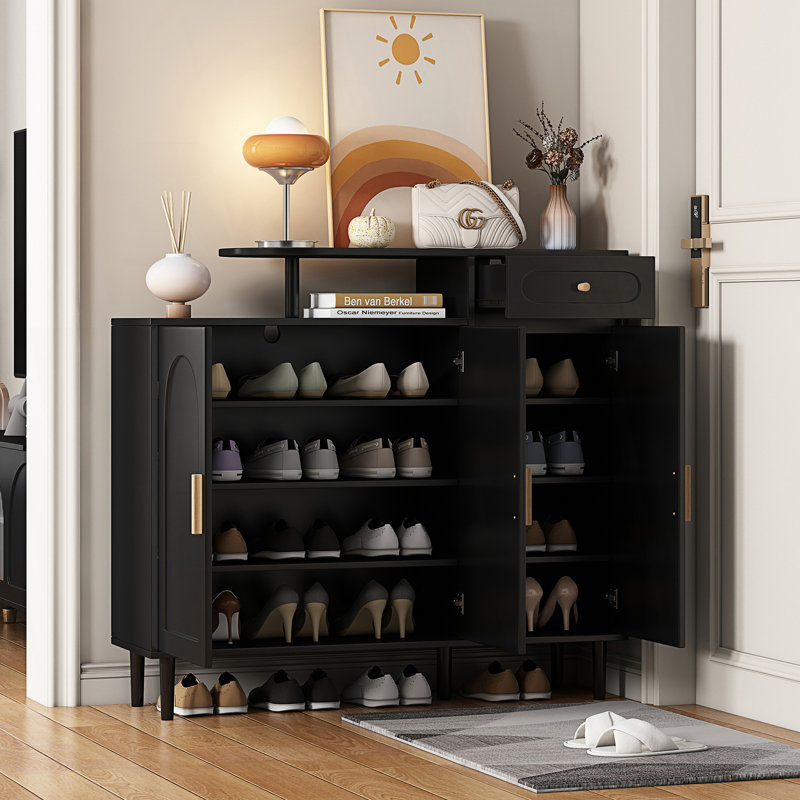 Elegant Shoe Cabinet With Arched Doors And Drawer, Cream Style Storage Sideboard With Adjustable Shelves, Black