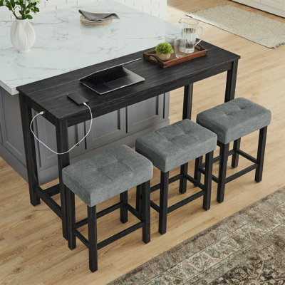 Table de bar de 150 cm, table à manger, table basse avec prise électrique, 3 tabourets rembourrés, ensemble table de bar et chaises 4 pièces pour salon, salle à manger, cuisine (noir)