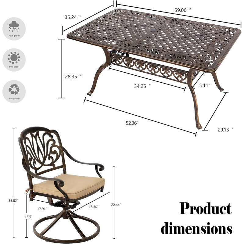 Aubreyanna 6 - Person Patio Dining Set with Rectangular Table , Cushions Included, Beige