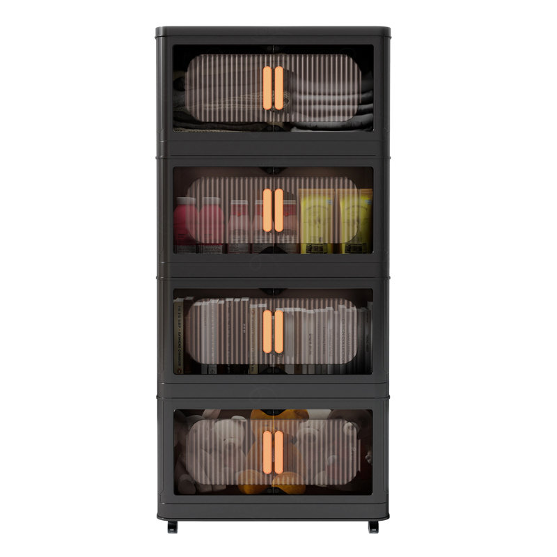 20" Side Wide Folding Storage Cabinet ,4 Tiers,Collapsible Storage Bins With Magnetic Door, Plastic Storage Cabinet With Wheels