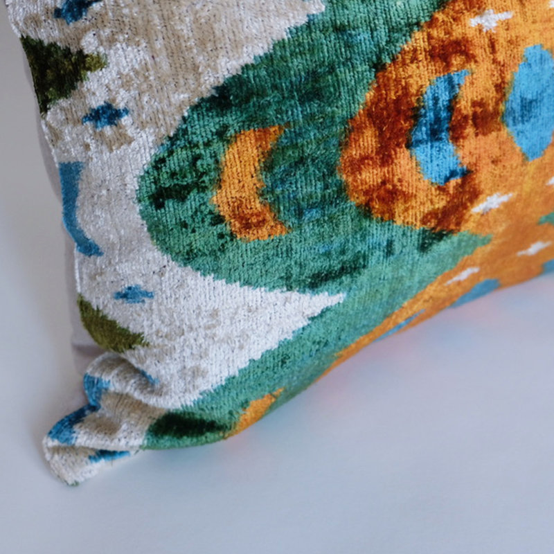 Kara Feather Throw Pillow, 20" x 20", Green/Orange Ikat 3