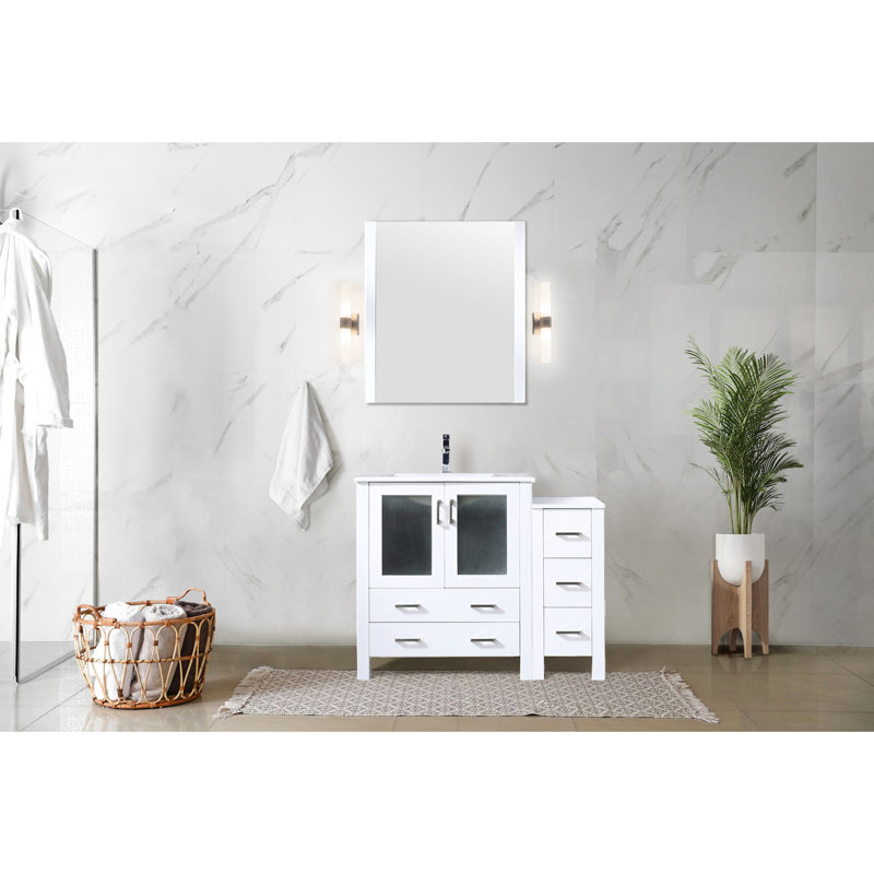 Meuble-lavabo blanc 42 po - Armoire latérale en bois massif pour une technologie de fermeture en douceur extra longue durée dans les tiroirs de construction et attrayante avec une résistance aux rayures