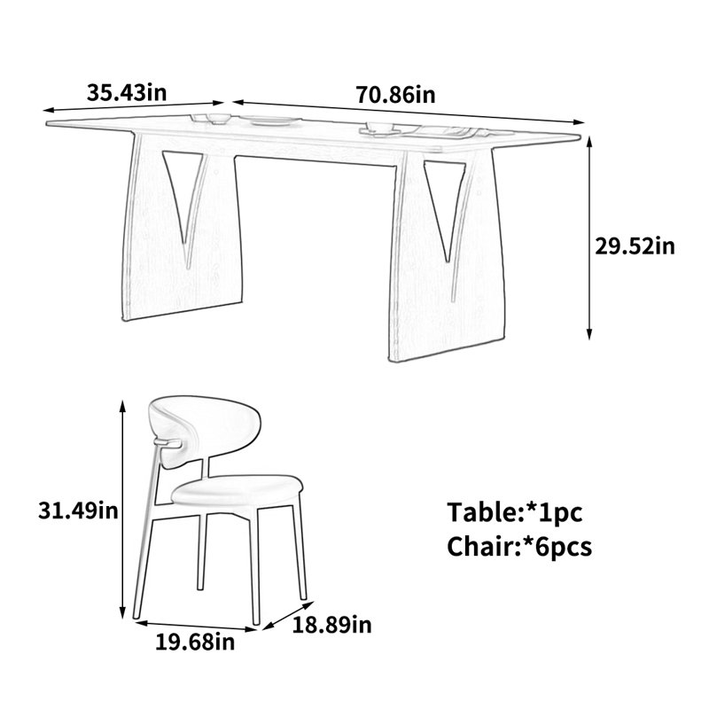 Table de salle à manger de luxe Exquise, H 29,52 po x l 70,86 po x P 35,43 po, 7 pièces : table, 6 chaises