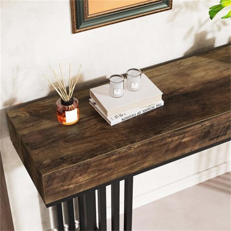 Console industrielle de 55 pouces avec plateau épais et structure en métal robuste, parfaite pour les entrées et les couloirs, brun et noir