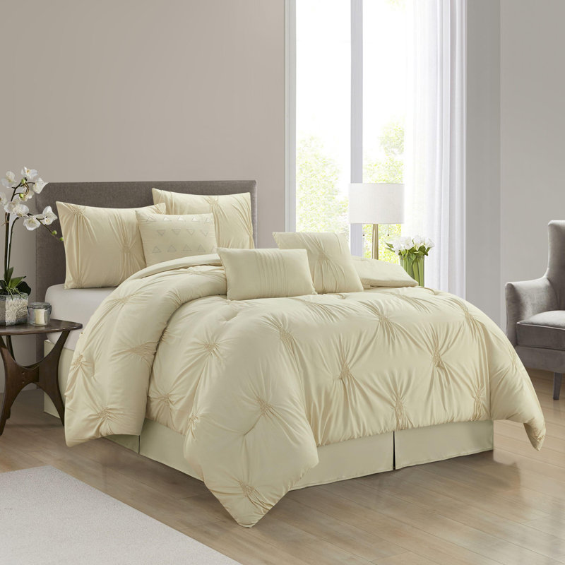 Nargiz Polyester Comforter Set, Queen Comforter + 6 Additional Pieces, Beige