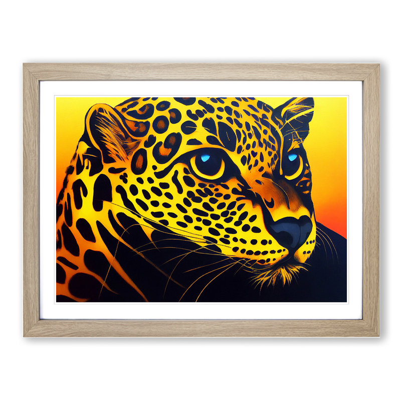 Illuminated Leopard - Single Picture Frame Print, 25cm H x 34cm W x 2cm D, Oak