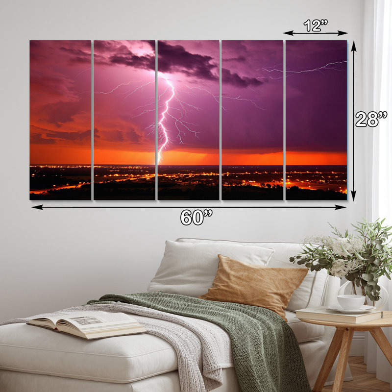«Dramatic Thunderstorms III - Lightning Wall Art Living Room» - 5 panneaux égaux