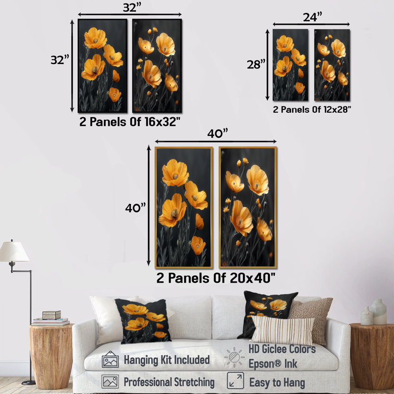 Jaune, noir, coquelicots, joie lumineuse I - coquelicots, ensemble de 2 pièces d'art mural, H 28 po x l 24 po, Blanc