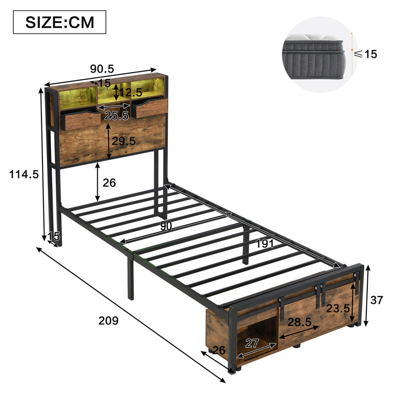 Metal Bed With Storage Industrial Style, Twin