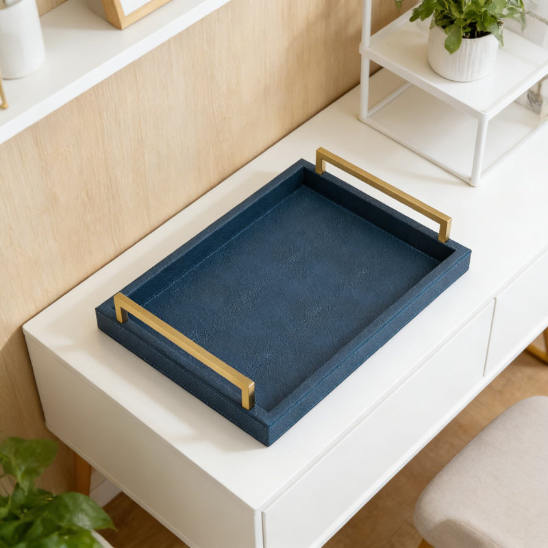 Shagreen Leather Serving Tray With Brushed Gold Handles, Decorative Ottoman And Coffee Table Tray For Home Decor, Durable And Easy To Clean