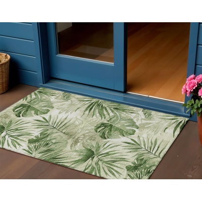 Tapis d'intérieur / extérieur 3 pi x 5 pi vert et ivoire à motif artichaut floral lavable