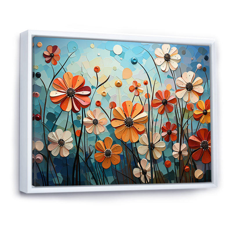 «Cubist Zinnias Flowers Collage II», reproduction sur toile, Cadre flottant blanc, H 16 po x l 32 po x P 1 po