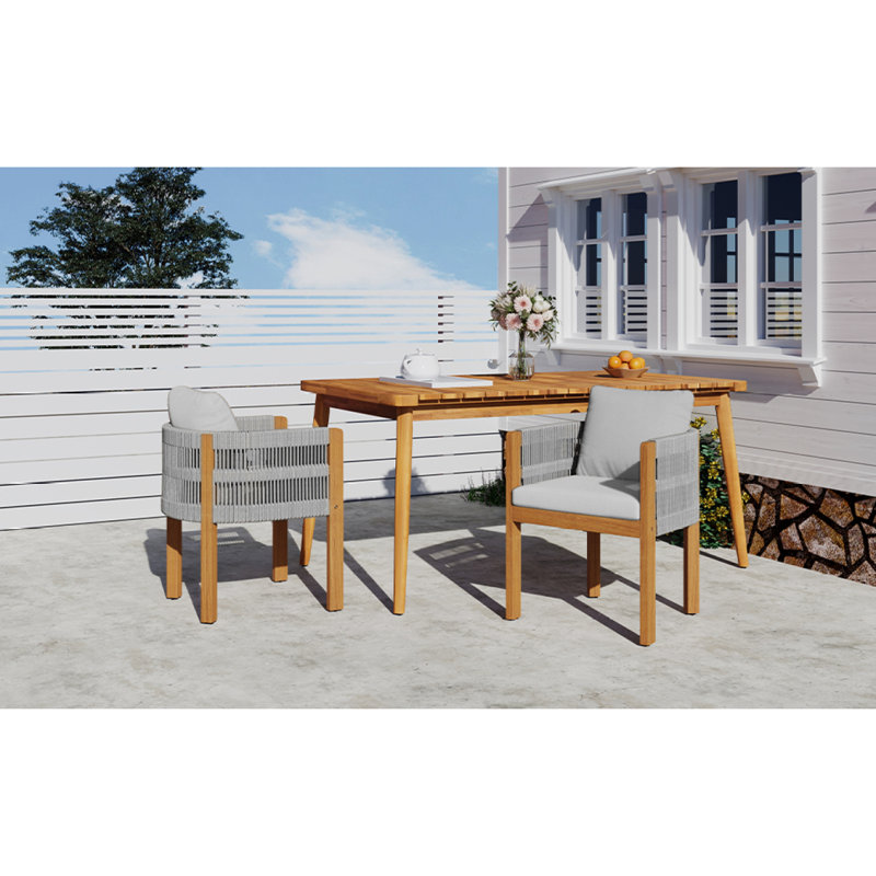 Ensemble de 2 chaises d'extérieur en bois d'acacia avec poignées en corde, coussins lavables et imperméables, capacité de 400 lb