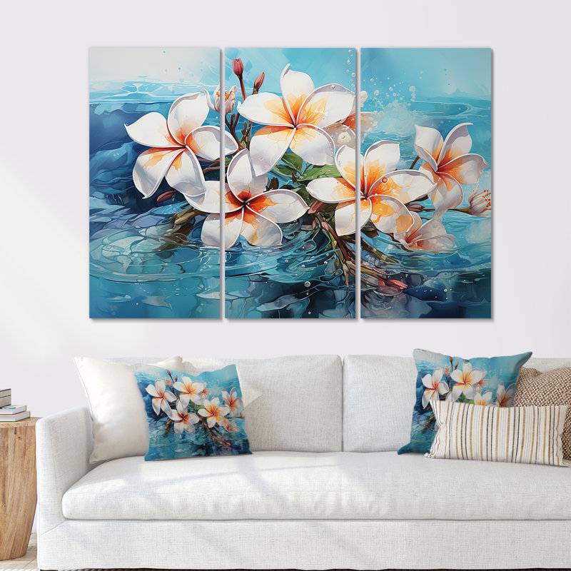 Plumeria Blossoms Come Alive In Water - ensemble d'art mural en toile Plumeria, Toile tendue, H 28 po x l 36 po x P 1 po