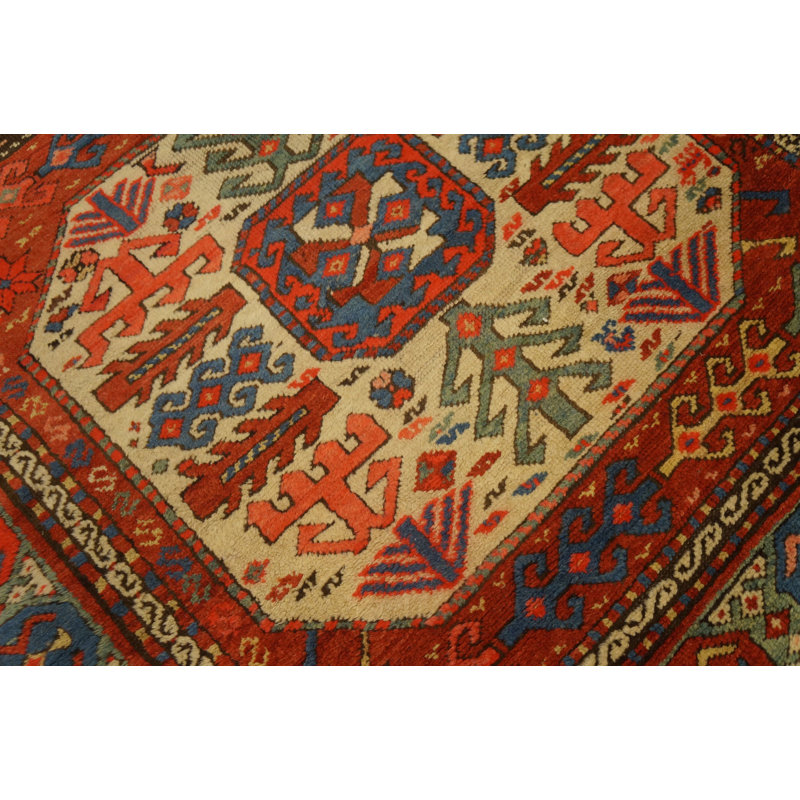 1900s Geometric Medallion Caucasian Antique Hand Knotted Pile Coral / Salmon Pink Wool Rug
