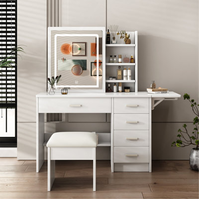 Fashion Vanity Desk With Mirror And Lights For Makeup With Open Shelves And Chair, Vanity Mirror With Lights And Table Set With 3 Color Lighting Brigh