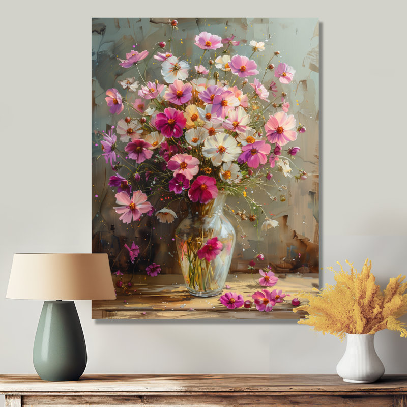 Rose et blanc bouquet d'or dans un vase II - Buttercups, art mural, Toile tendue, H 40 po x l 30 po x P 1,5 po